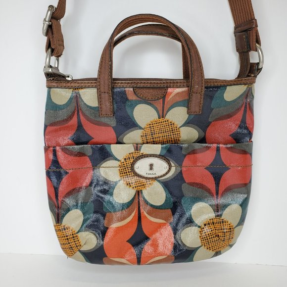 FOSSIL KEY-PER Floral Retro Coated Canvas 10''X10''  Crossbody Purse Bag. - Picture 3 of 11